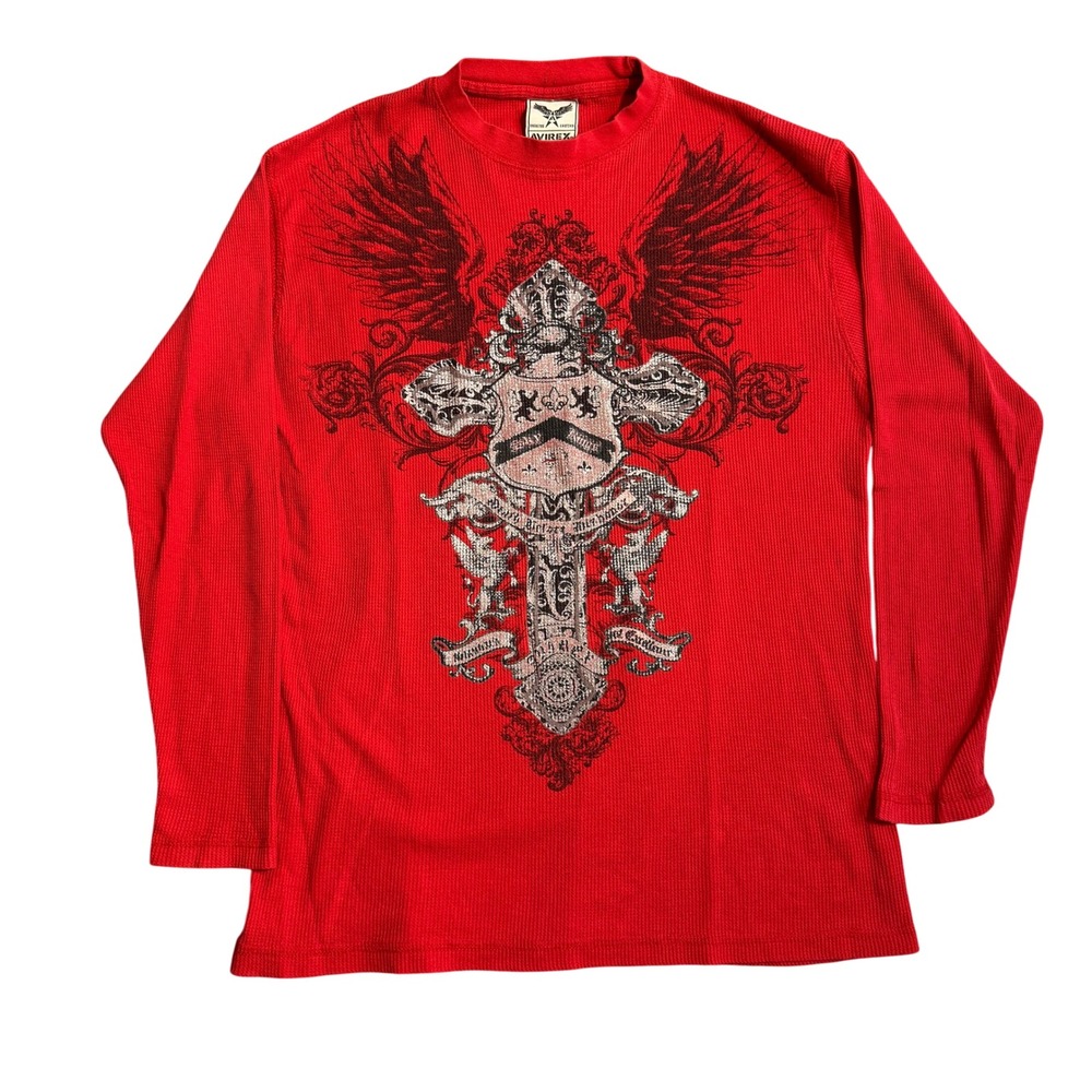 Vintage Y2K Avirex Mens Red Gothic Crest Winged Graphic Thermal Size M